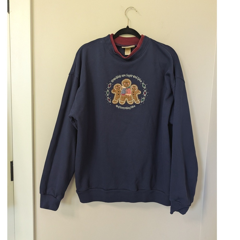 Vintage Grandma Gingerbread Navy Blue Crewneck Sweatshirt XL Christmas Cottage